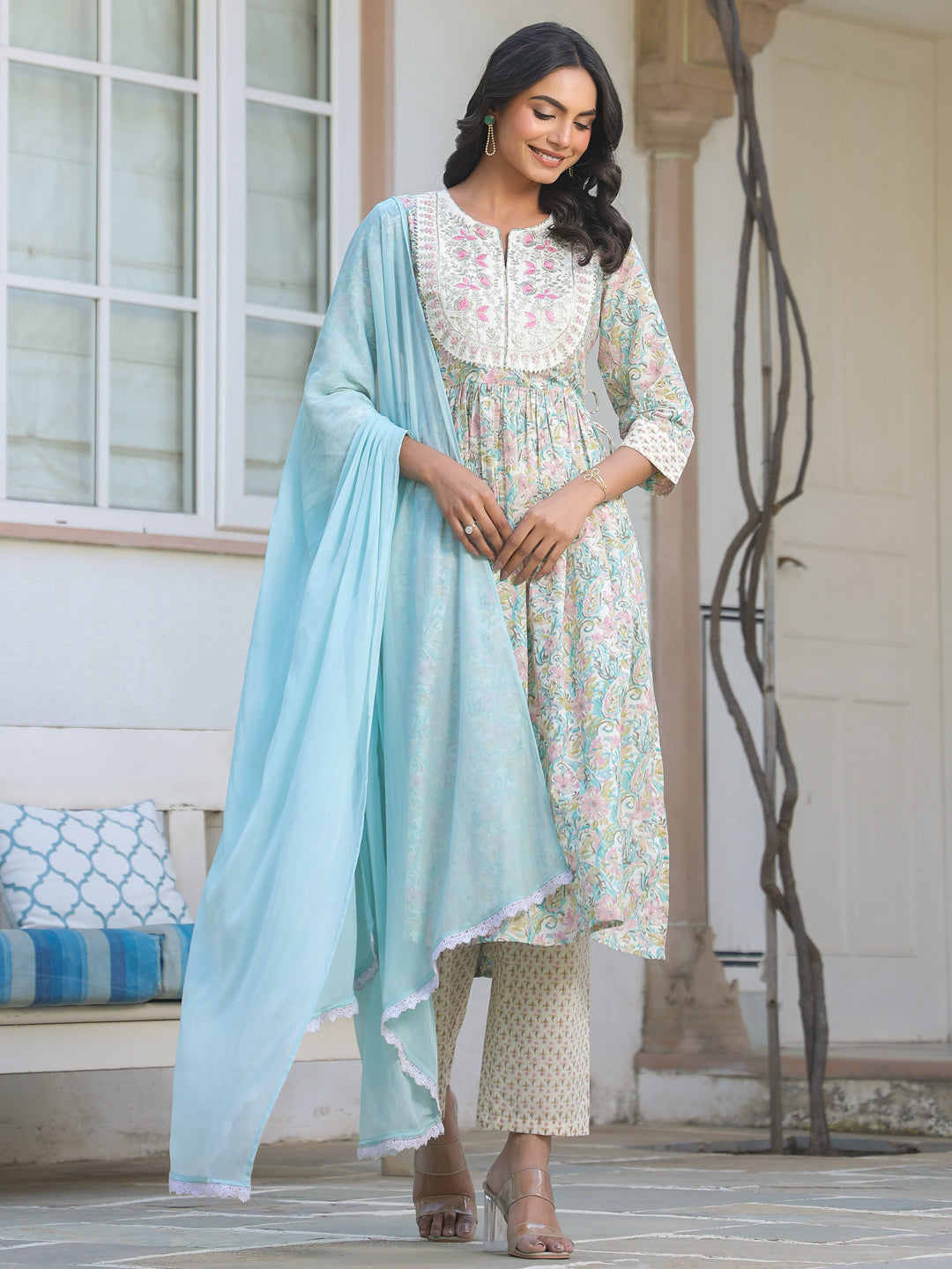 Janasya Light Cotton Yoke Embroidery A-Line Kurta Set | Grocsy