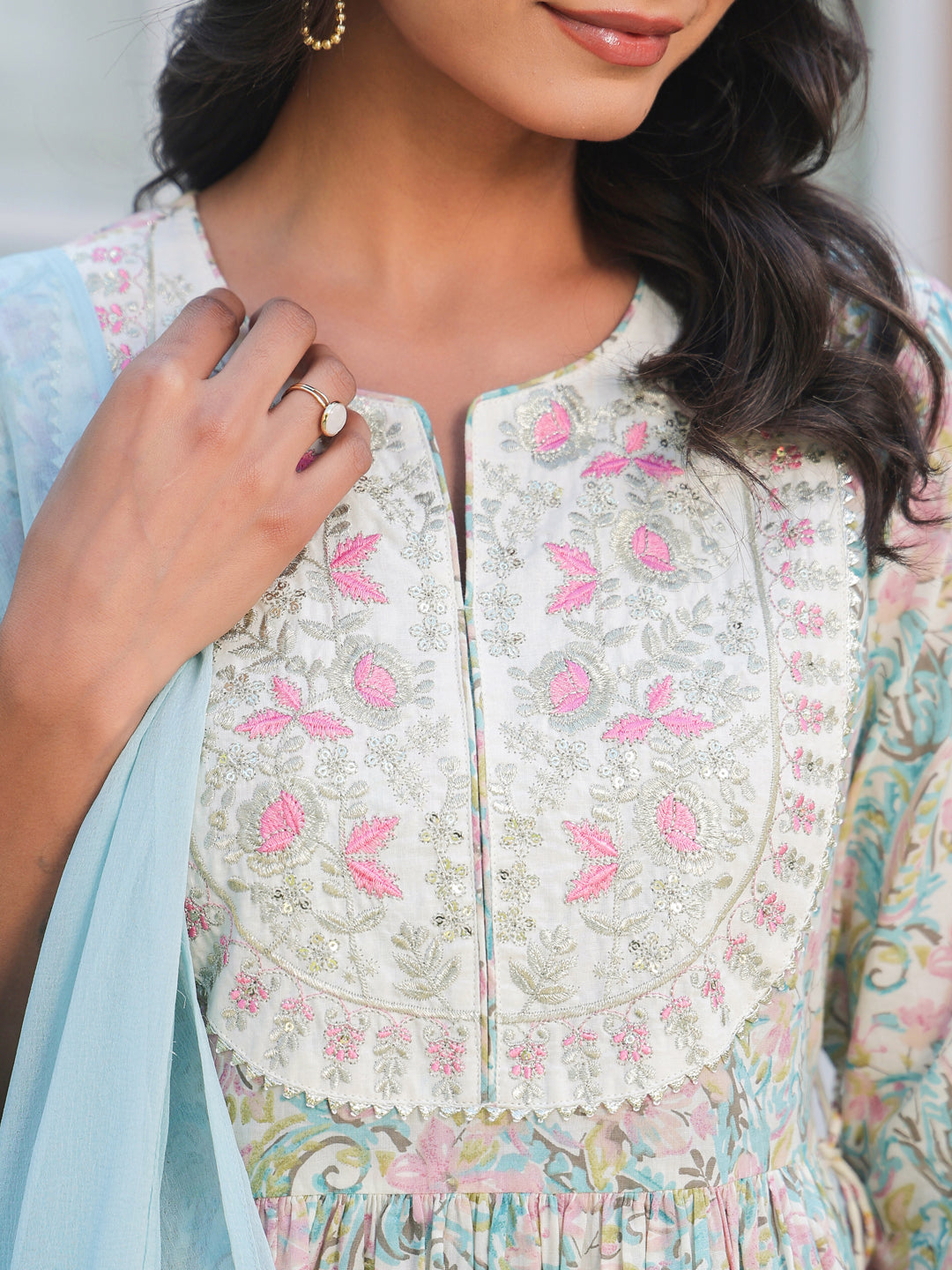Janasya Light Cotton Yoke Embroidery A-Line Kurta Set | Grocsy