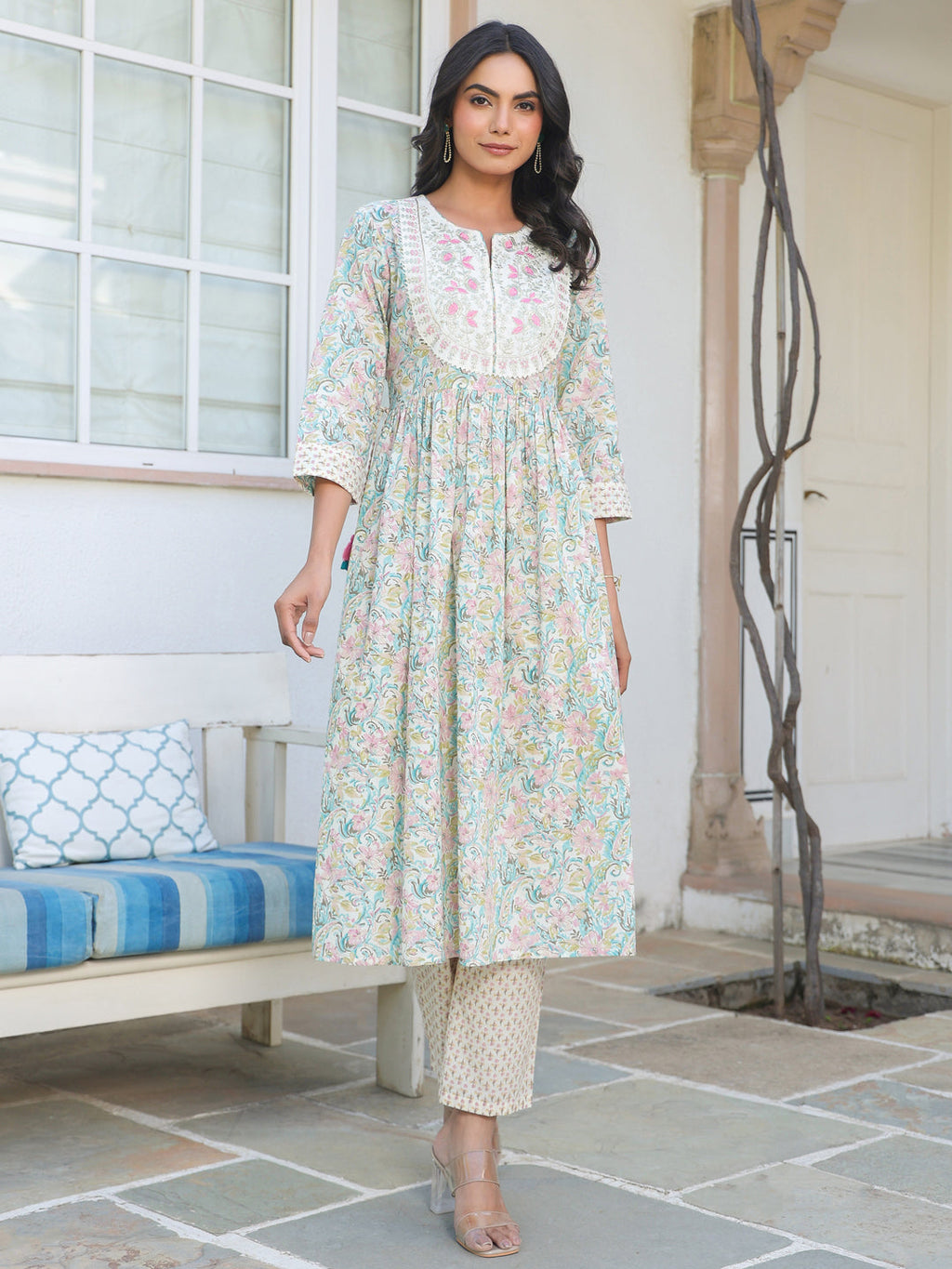 Janasya Light Cotton Yoke Embroidery A-Line Kurta Set | Grocsy