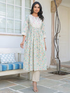 Janasya Light Cotton Yoke Embroidery A-Line Kurta Set | Grocsy