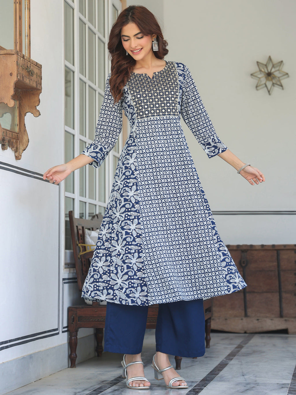 Janasya Dark Rayon Floral A-Line Kurta Set | Grocsy