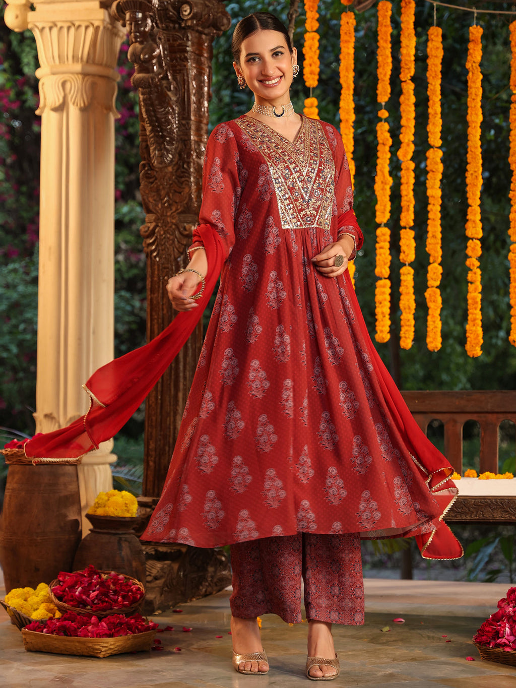 Janasya Dark Georgette Yoke Embroidery A-Line Kurta Set | Grocsy