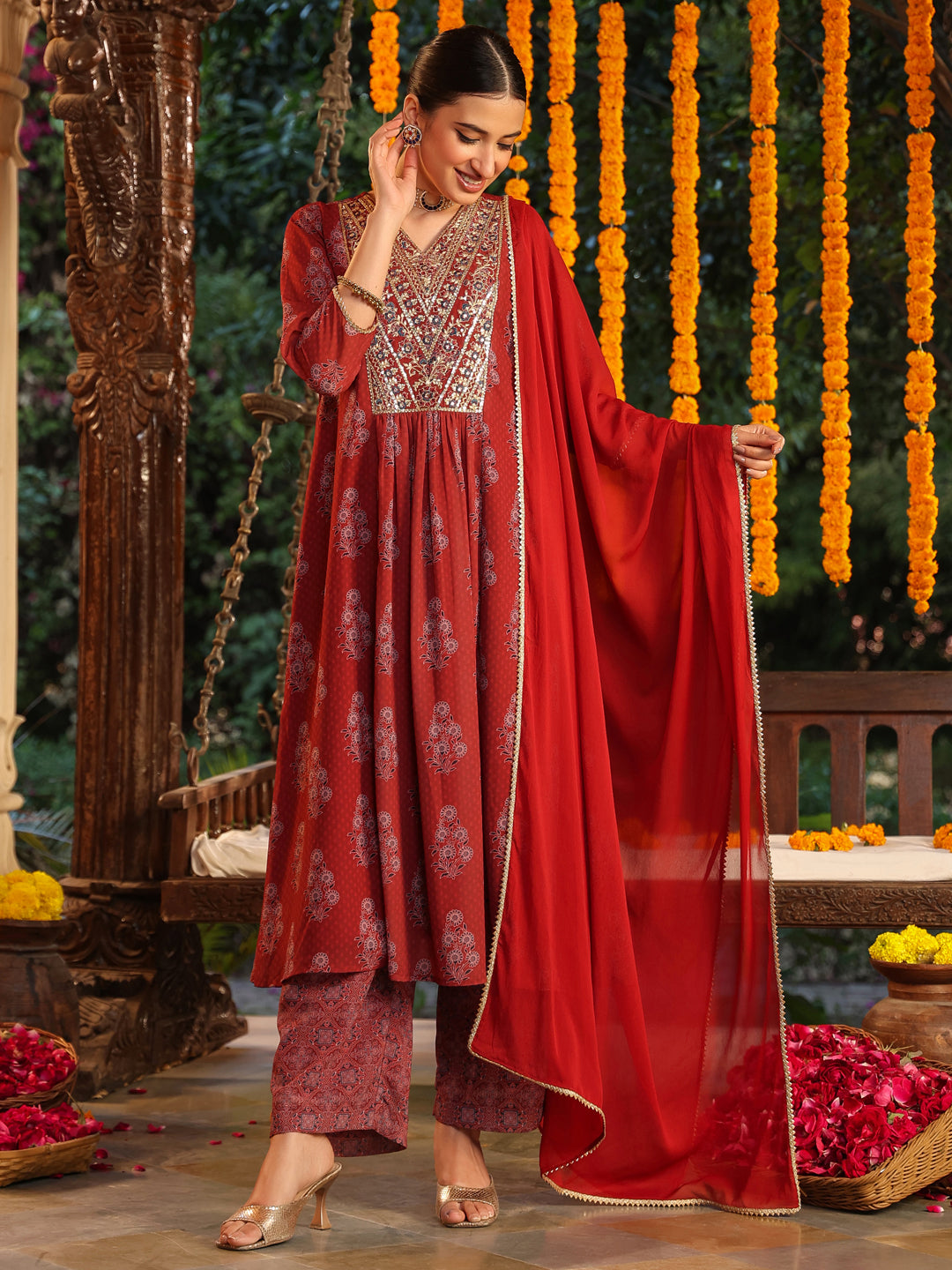 Janasya Dark Georgette Yoke Embroidery A-Line Kurta Set | Grocsy