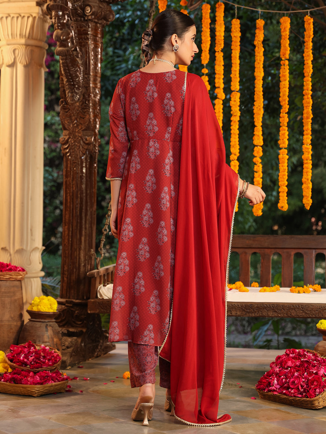 Janasya Dark Georgette Yoke Embroidery A-Line Kurta Set | Grocsy