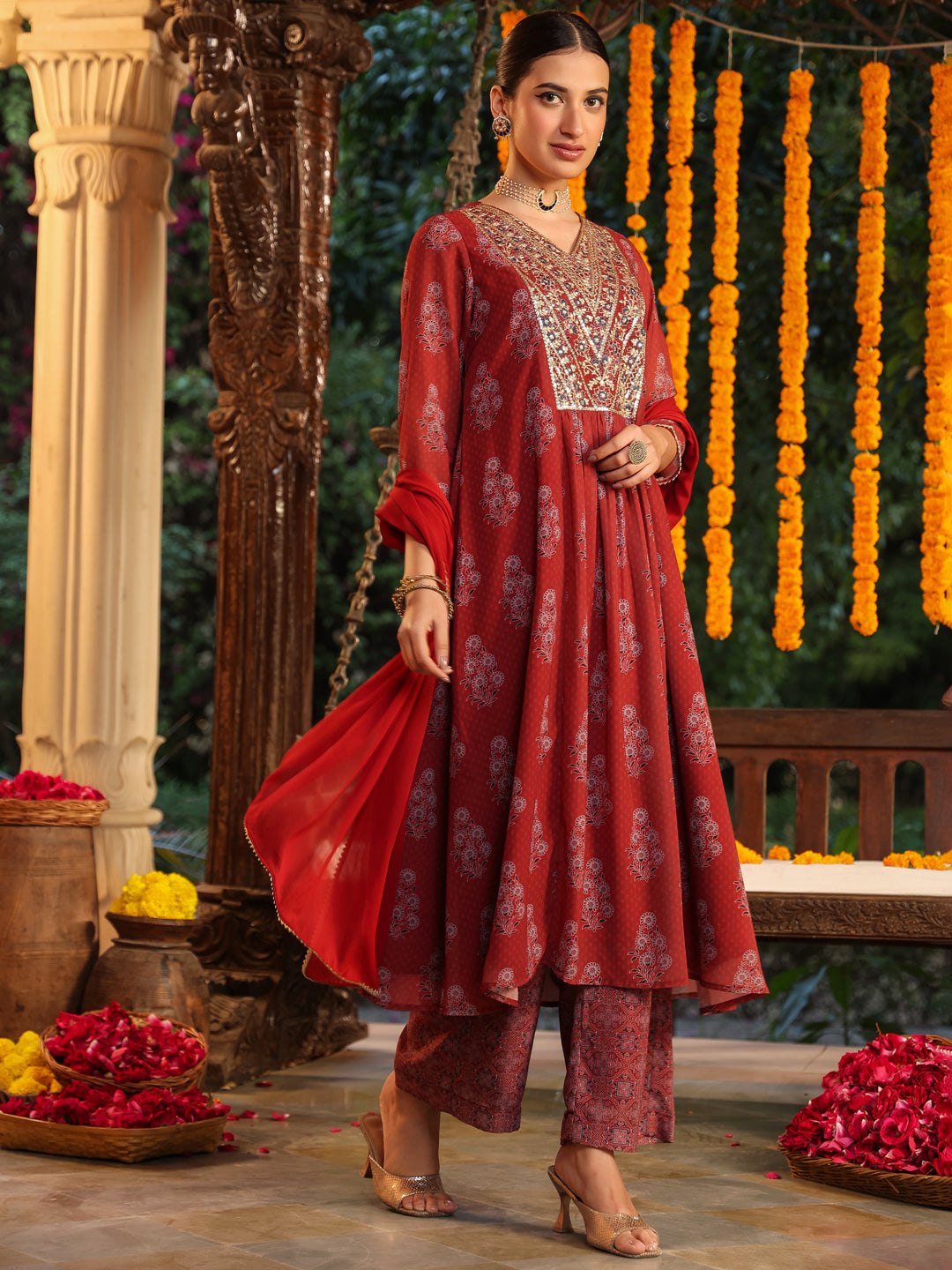 Janasya Dark Georgette Yoke Embroidery A-Line Kurta Set | Grocsy