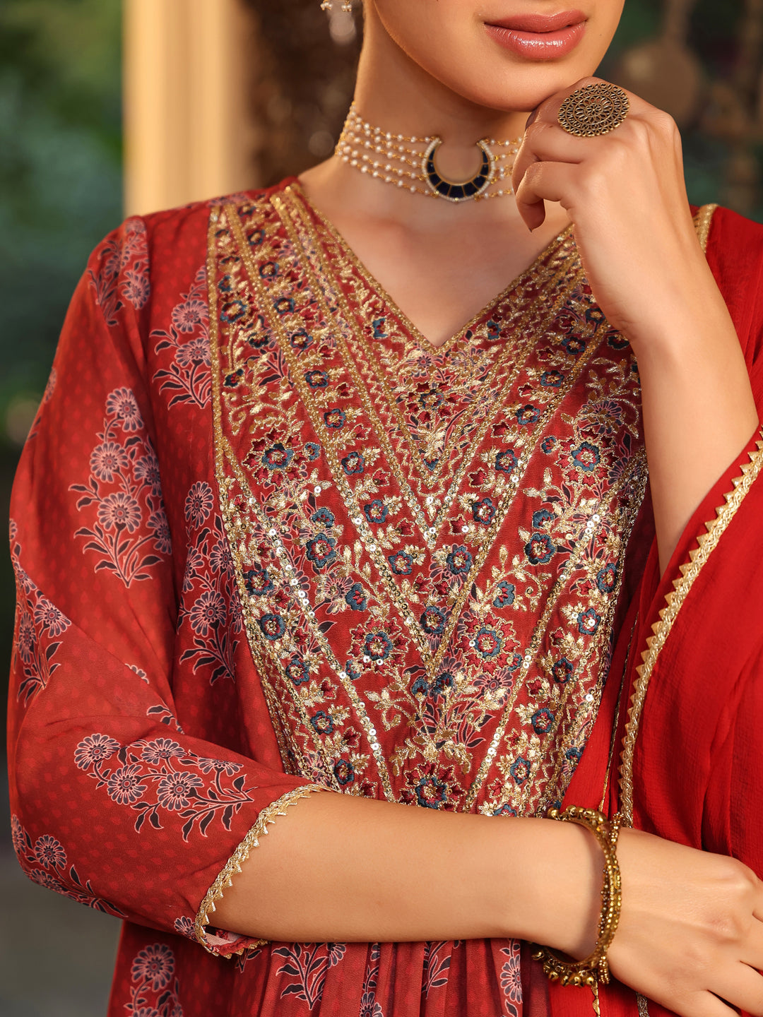 Janasya Dark Georgette Yoke Embroidery A-Line Kurta Set | Grocsy