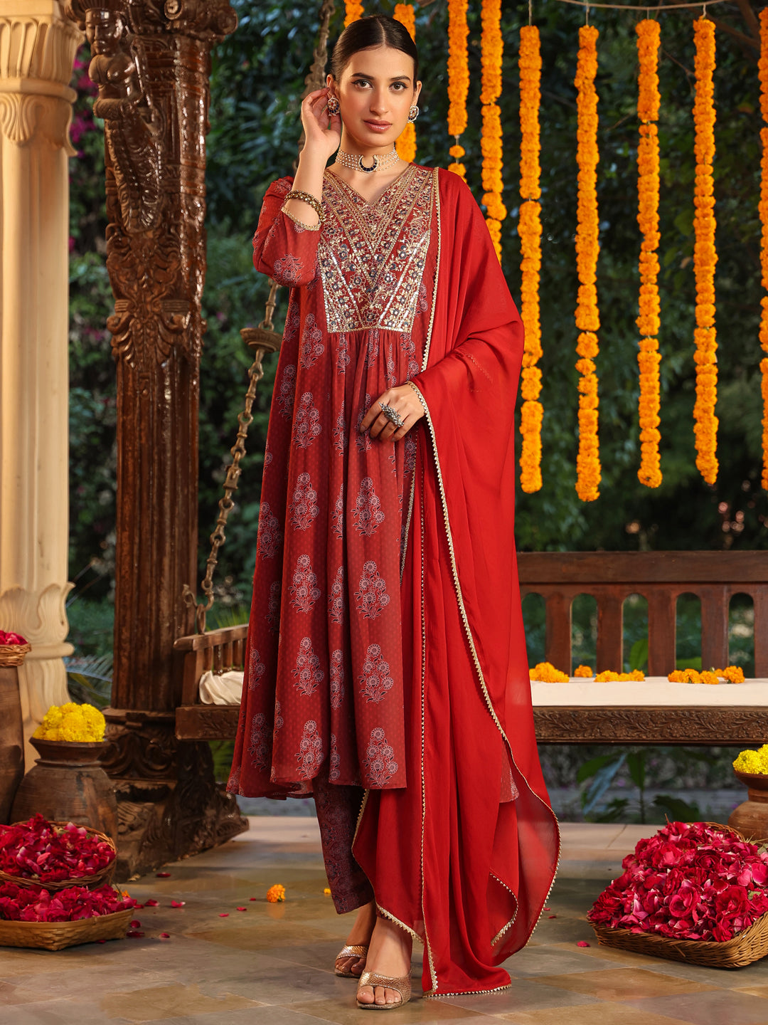 Janasya Dark Georgette Yoke Embroidery A-Line Kurta Set | Grocsy