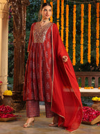 Janasya Dark Georgette Yoke Embroidery A-Line Kurta Set | Grocsy