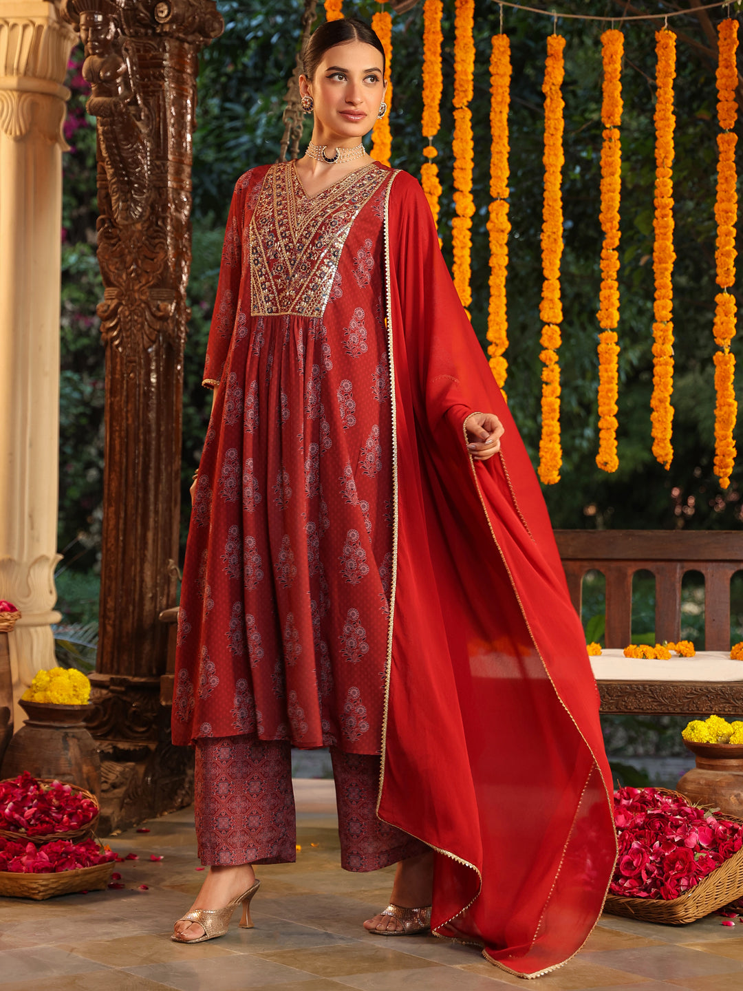 Janasya Dark Georgette Yoke Embroidery A-Line Kurta Set | Grocsy
