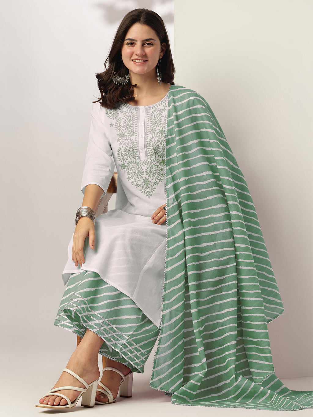 Janasya Light Cotton Yoke Embroidery Straight Kurta Set | Grocsy