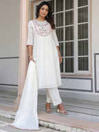 Janasya Light Cotton Yoke Embroidery A-Line Kurta Set | Grocsy