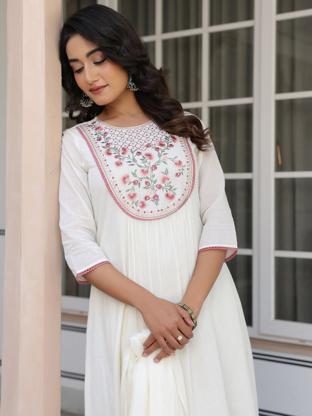 Janasya Light Cotton Yoke Embroidery A-Line Kurta Set | Grocsy