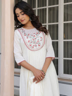 Janasya Light Cotton Yoke Embroidery A-Line Kurta Set | Grocsy