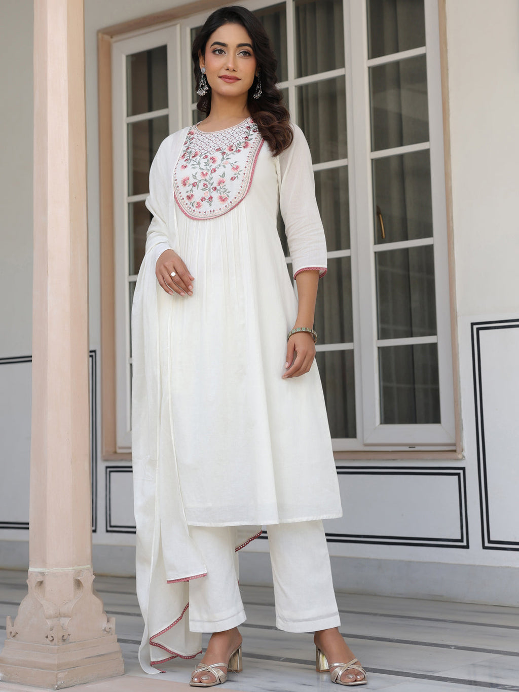 Janasya Light Cotton Yoke Embroidery A-Line Kurta Set | Grocsy