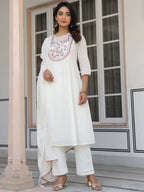 Janasya Light Cotton Yoke Embroidery A-Line Kurta Set | Grocsy