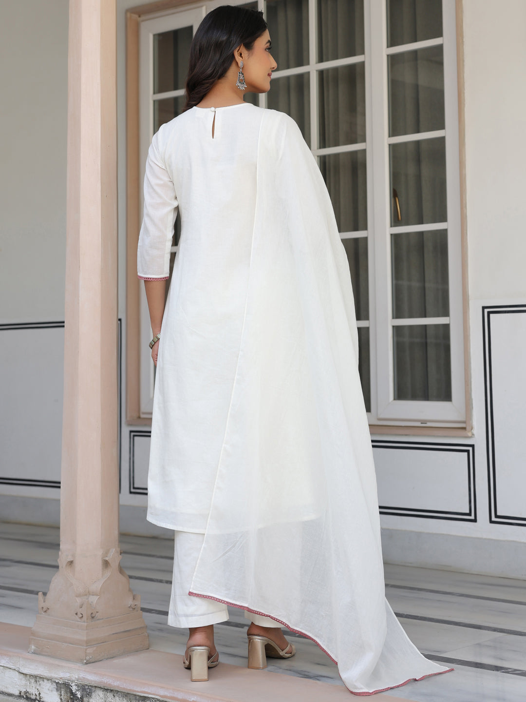 Janasya Light Cotton Yoke Embroidery A-Line Kurta Set | Grocsy