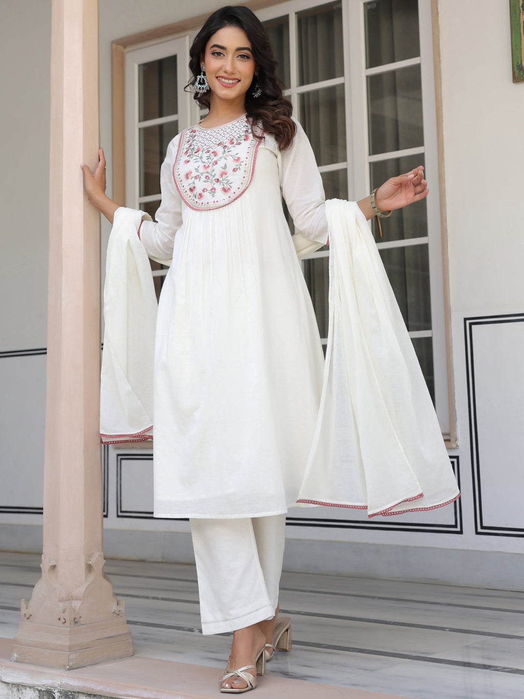 Janasya Light Cotton Yoke Embroidery A-Line Kurta Set | Grocsy
