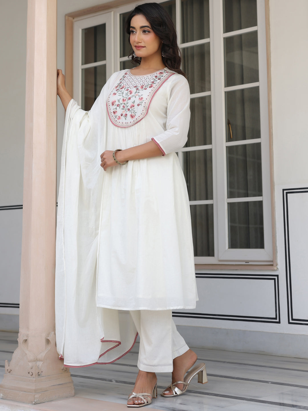 Janasya Light Cotton Yoke Embroidery A-Line Kurta Set | Grocsy