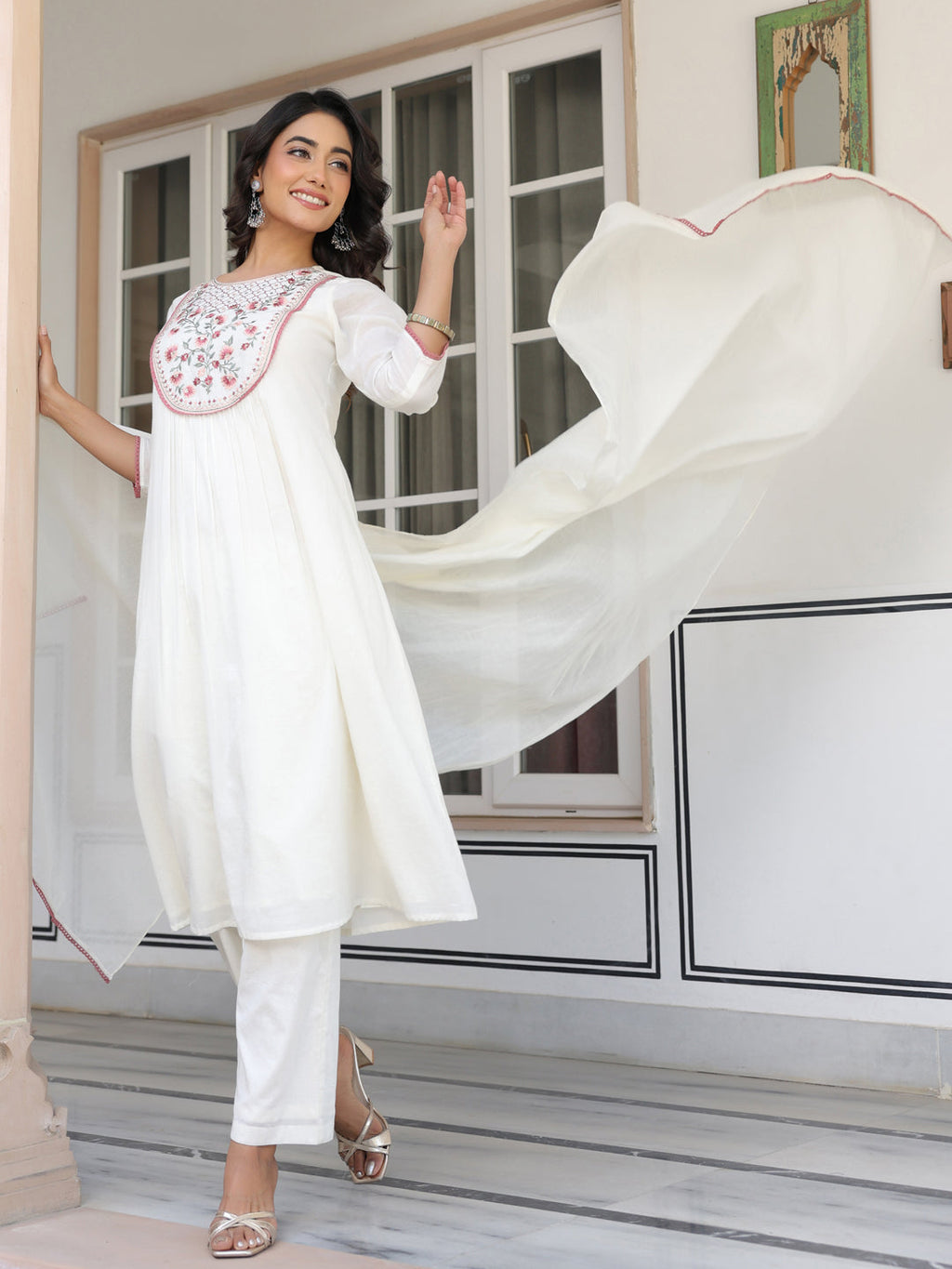 Janasya Light Cotton Yoke Embroidery A-Line Kurta Set | Grocsy
