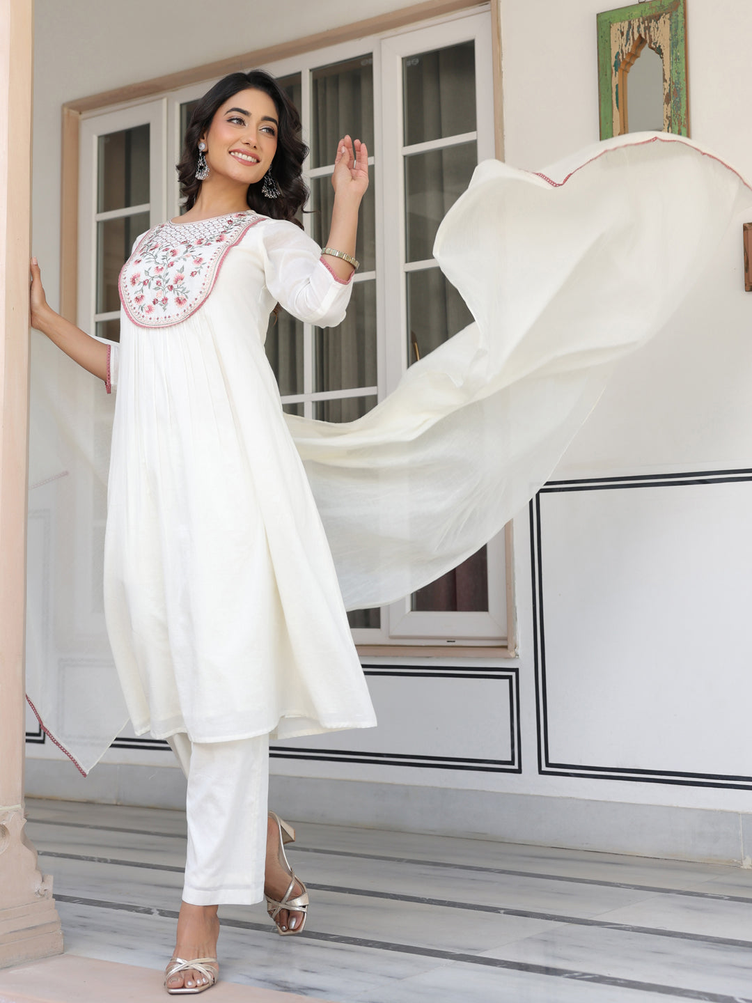 Janasya Light Cotton Yoke Embroidery A-Line Kurta Set | Grocsy