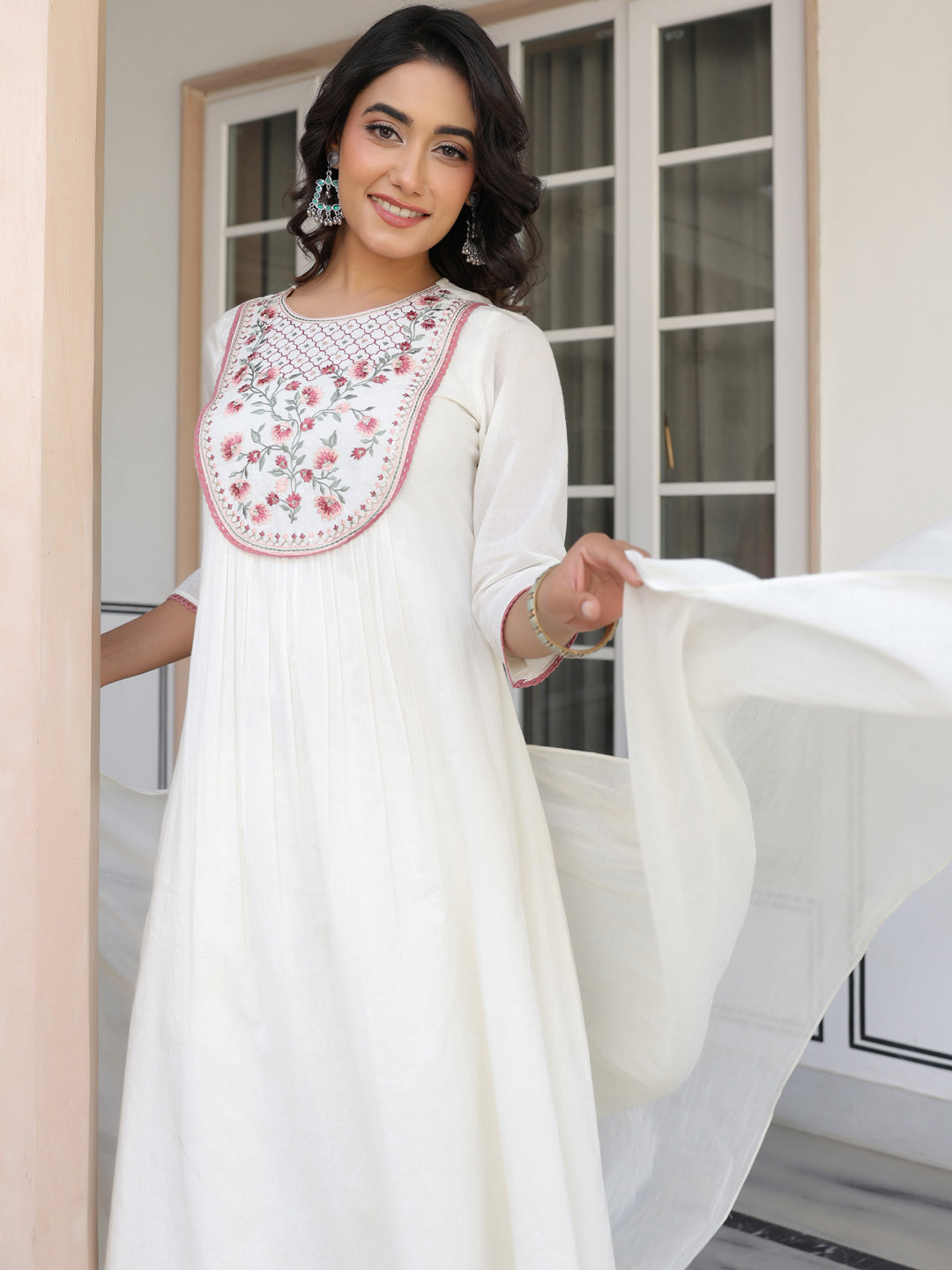 Janasya Light Cotton Yoke Embroidery A-Line Kurta Set | Grocsy