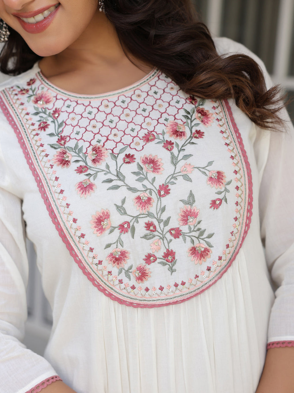 Janasya Light Cotton Yoke Embroidery A-Line Kurta Set | Grocsy