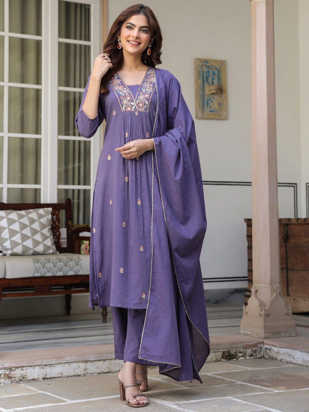 Janasya Dark Cotton Embroidered A-Line Kurta Set | Grocsy