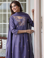 Janasya Dark Cotton Embroidered A-Line Kurta Set | Grocsy