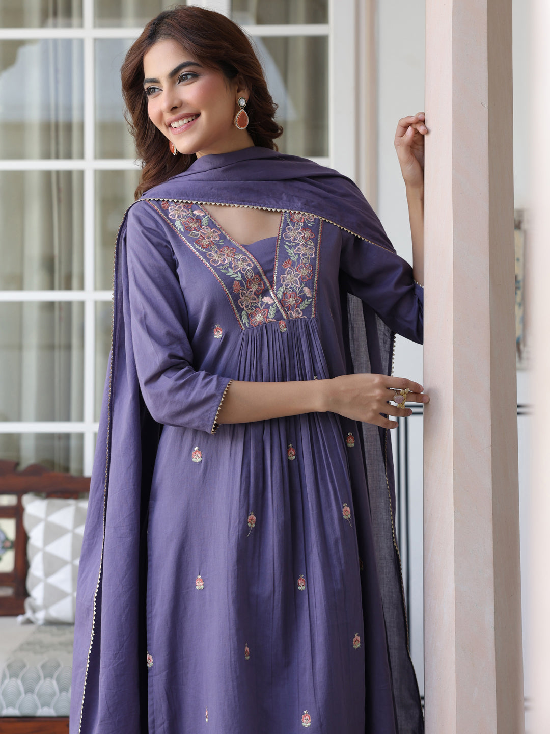Janasya Dark Cotton Embroidered A-Line Kurta Set | Grocsy