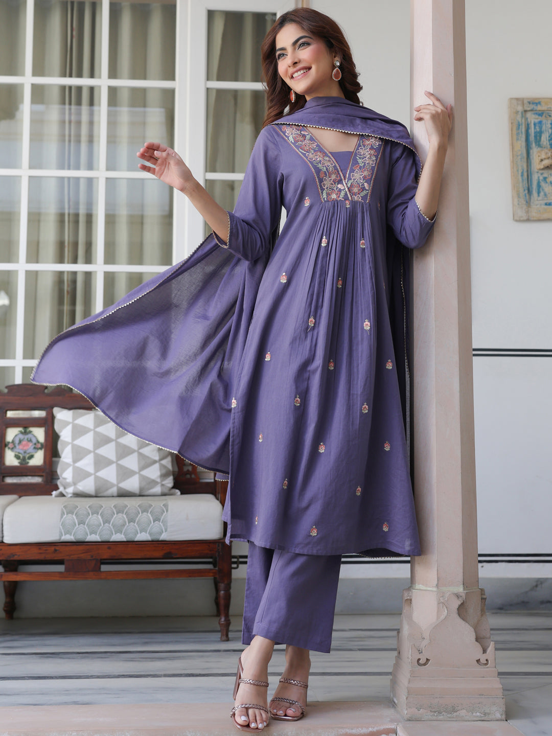 Janasya Dark Cotton Embroidered A-Line Kurta Set | Grocsy