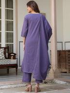 Janasya Dark Cotton Embroidered A-Line Kurta Set | Grocsy