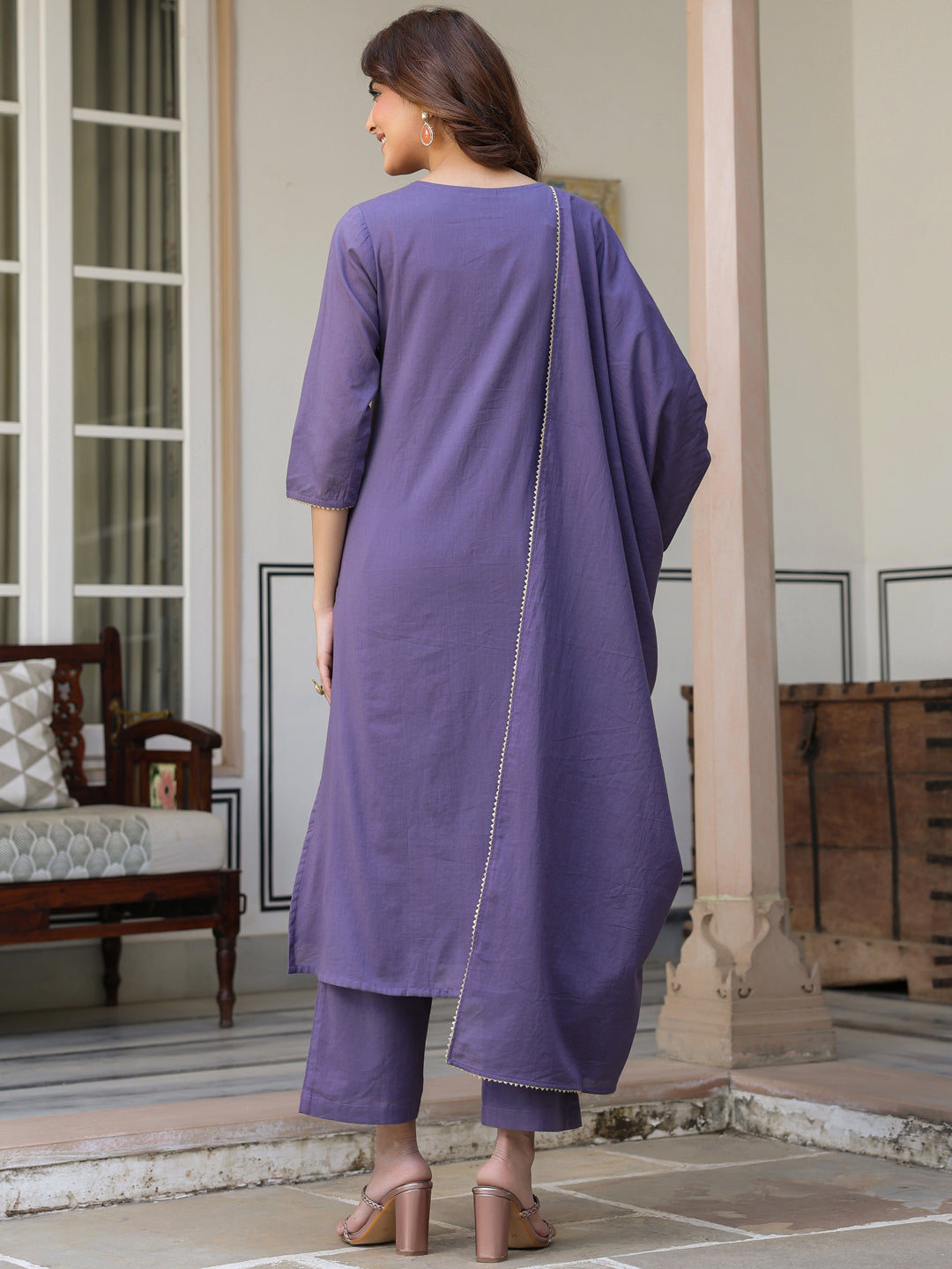 Janasya Dark Cotton Embroidered A-Line Kurta Set | Grocsy