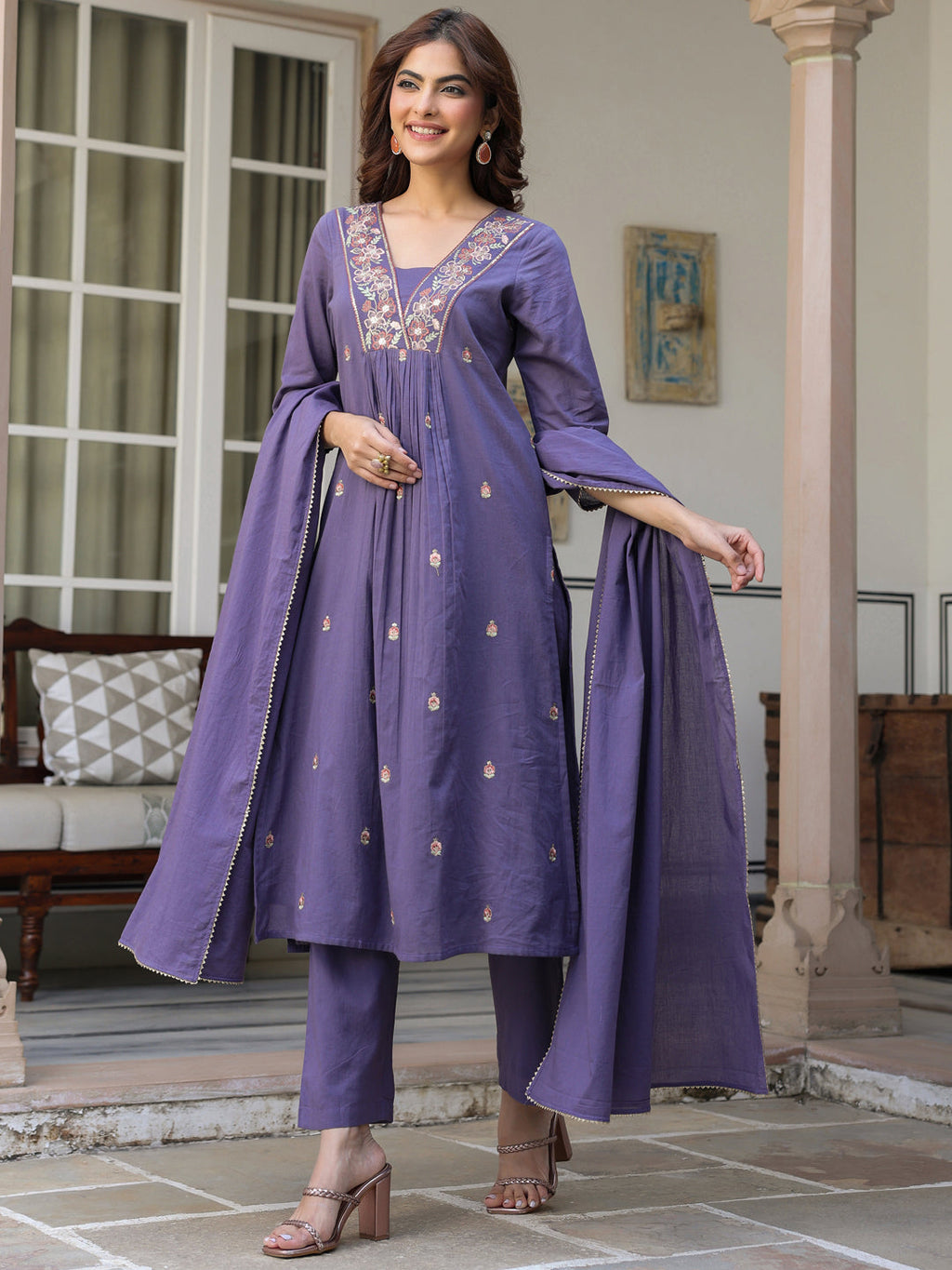 Janasya Dark Cotton Embroidered A-Line Kurta Set | Grocsy