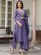 Janasya Dark Cotton Embroidered A-Line Kurta Set | Grocsy