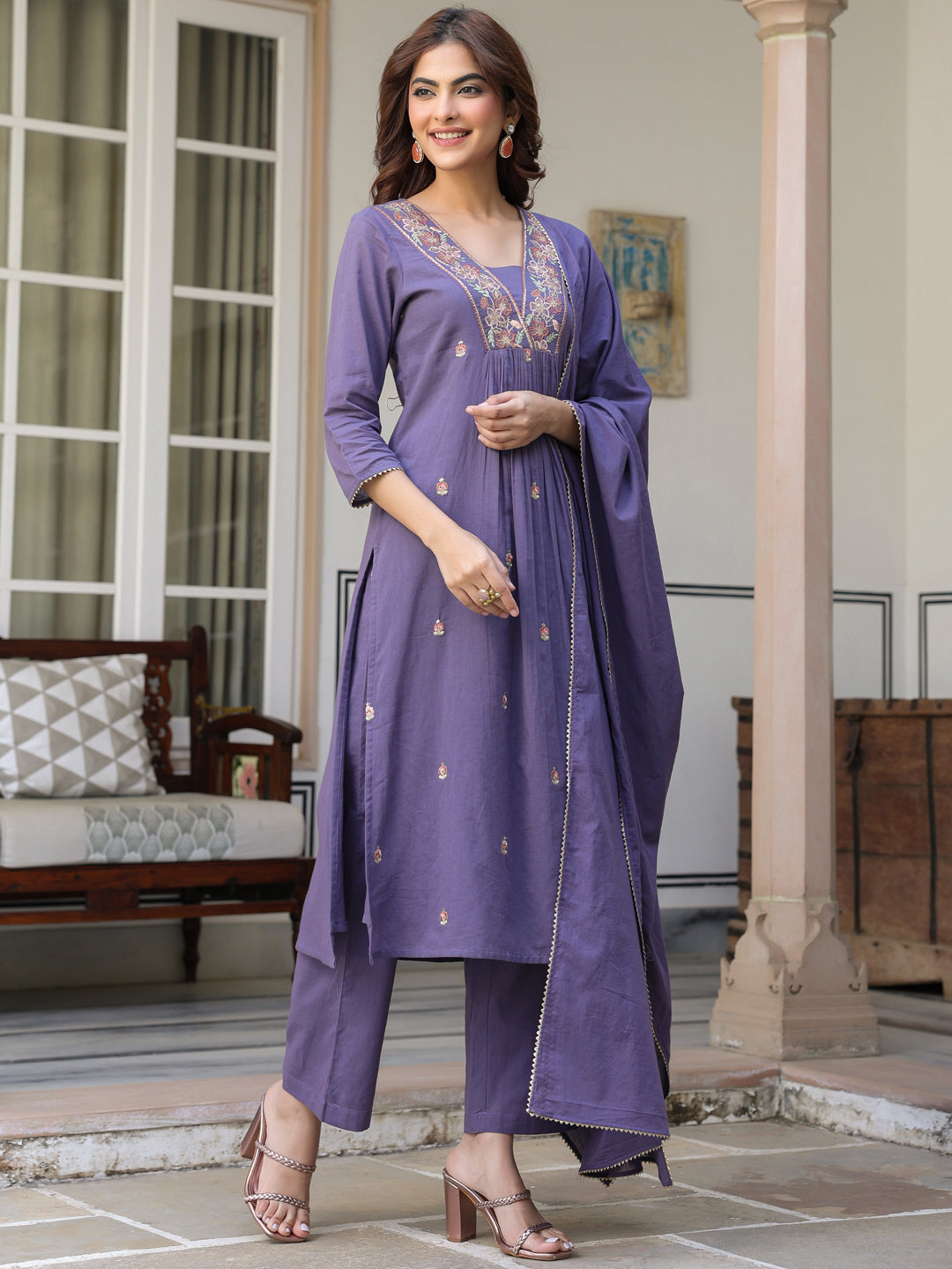 Janasya Dark Cotton Embroidered A-Line Kurta Set | Grocsy