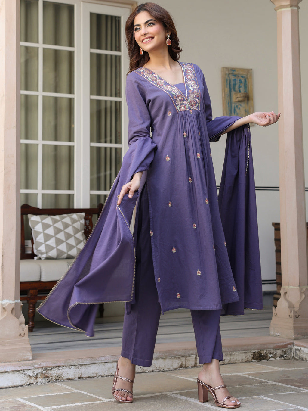 Janasya Dark Cotton Embroidered A-Line Kurta Set | Grocsy