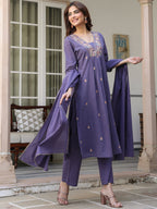 Janasya Dark Cotton Embroidered A-Line Kurta Set | Grocsy