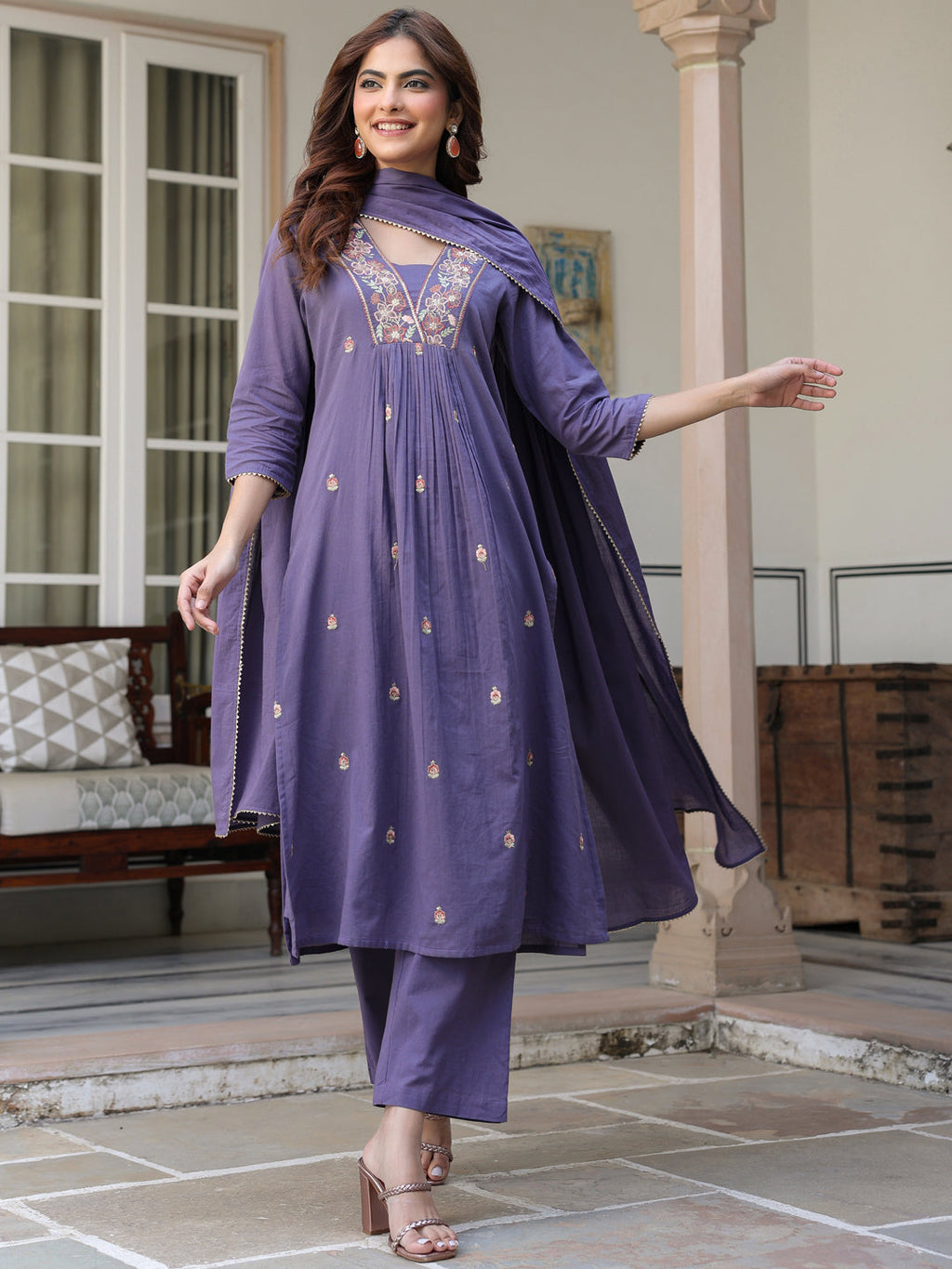 Janasya Dark Cotton Embroidered A-Line Kurta Set | Grocsy