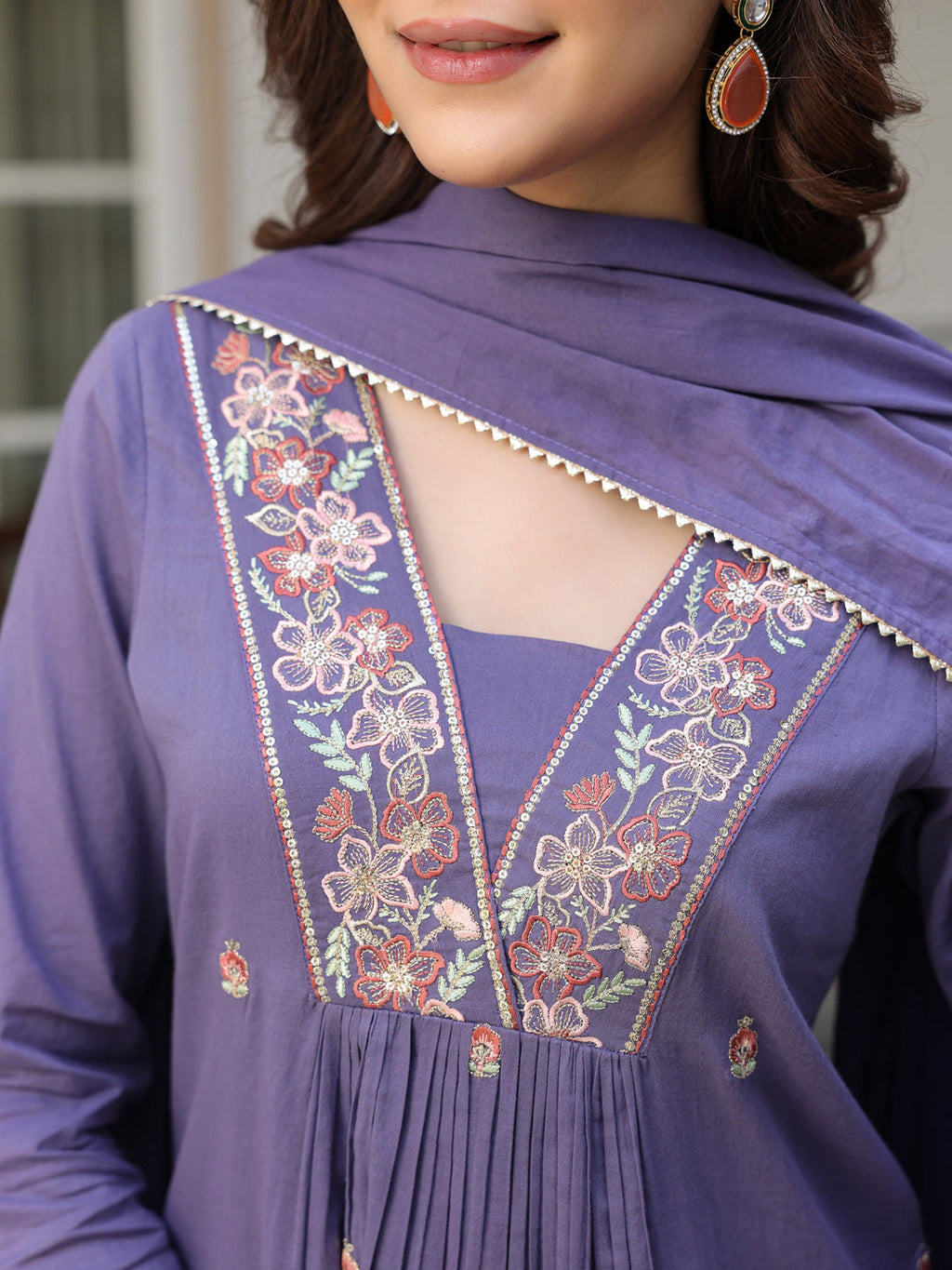 Janasya Dark Cotton Embroidered A-Line Kurta Set | Grocsy