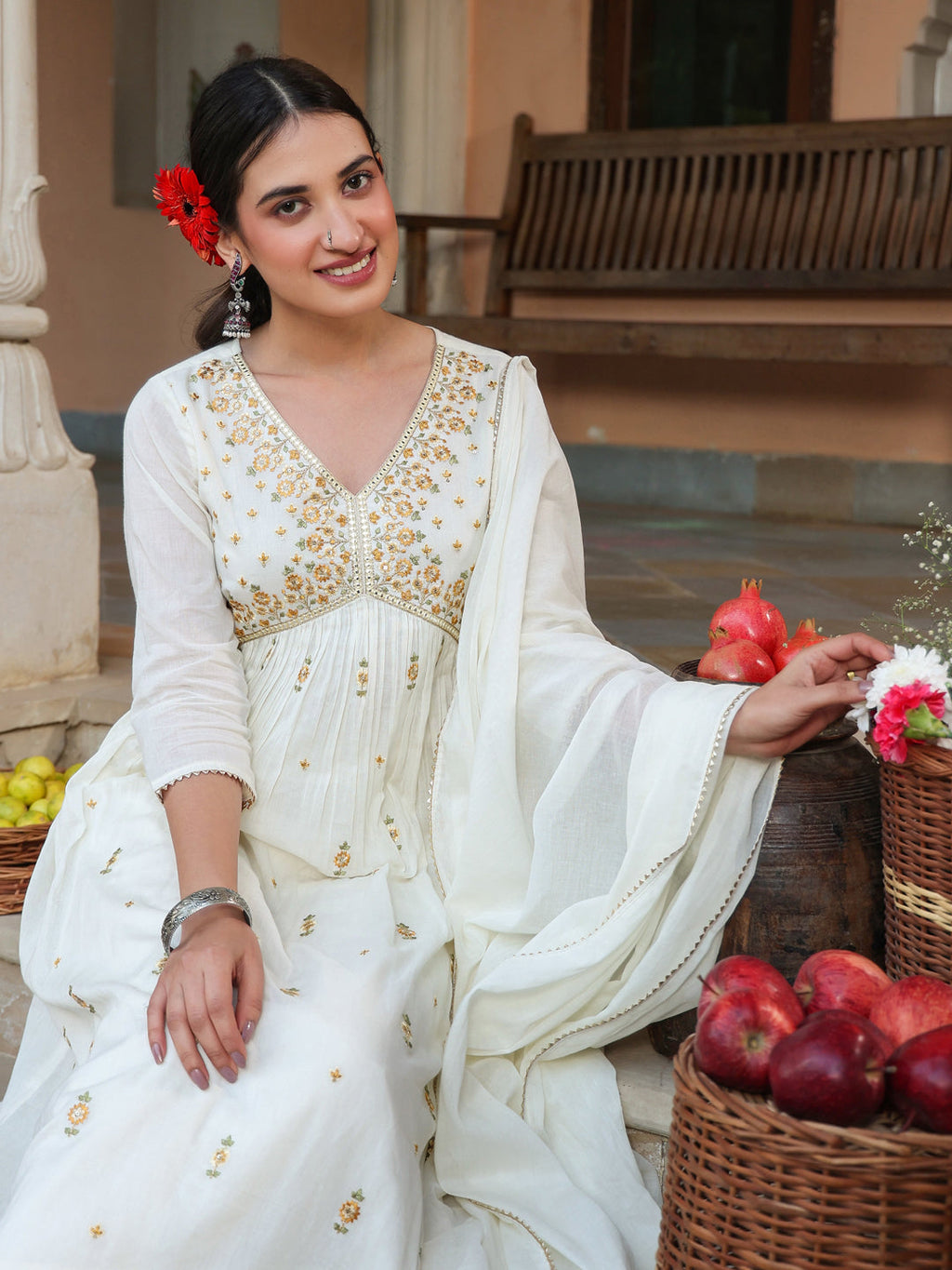Janasya Light Cotton Embroidered A-Line Kurta Set | Grocsy