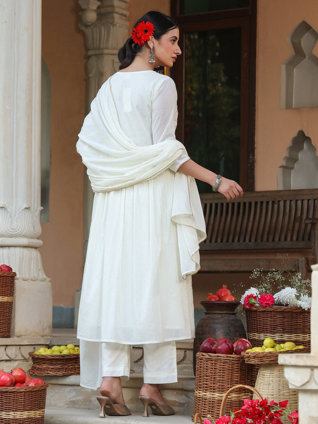 Janasya Light Cotton Embroidered A-Line Kurta Set | Grocsy