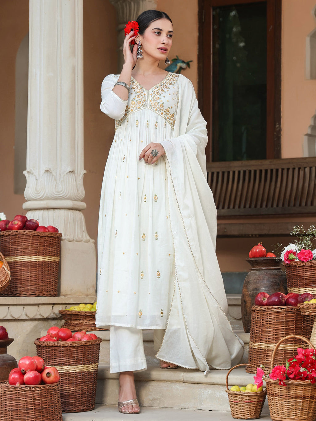 Janasya Light Cotton Embroidered A-Line Kurta Set | Grocsy