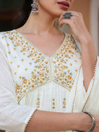 Janasya Light Cotton Embroidered A-Line Kurta Set | Grocsy