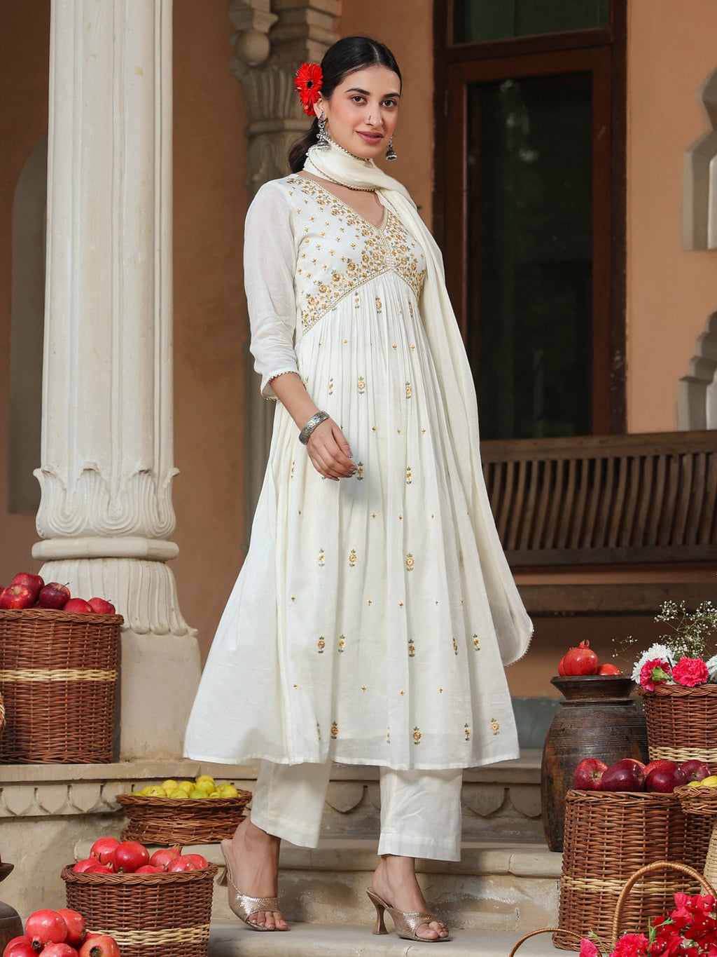 Janasya Light Cotton Embroidered A-Line Kurta Set | Grocsy
