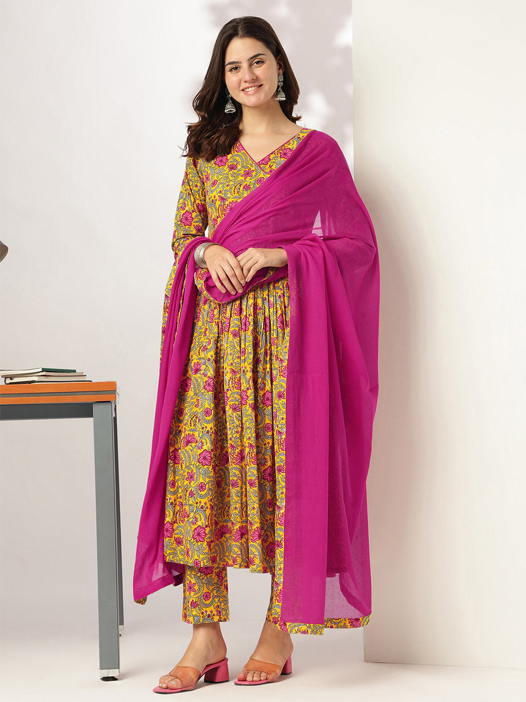Janasya Bright Cotton Floral Angrakha Kurta Set | Grocsy