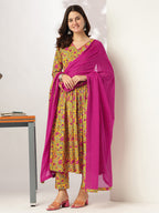 Janasya Bright Cotton Floral Angrakha Kurta Set | Grocsy