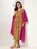 Janasya Bright Cotton Floral Angrakha Kurta Set | Grocsy