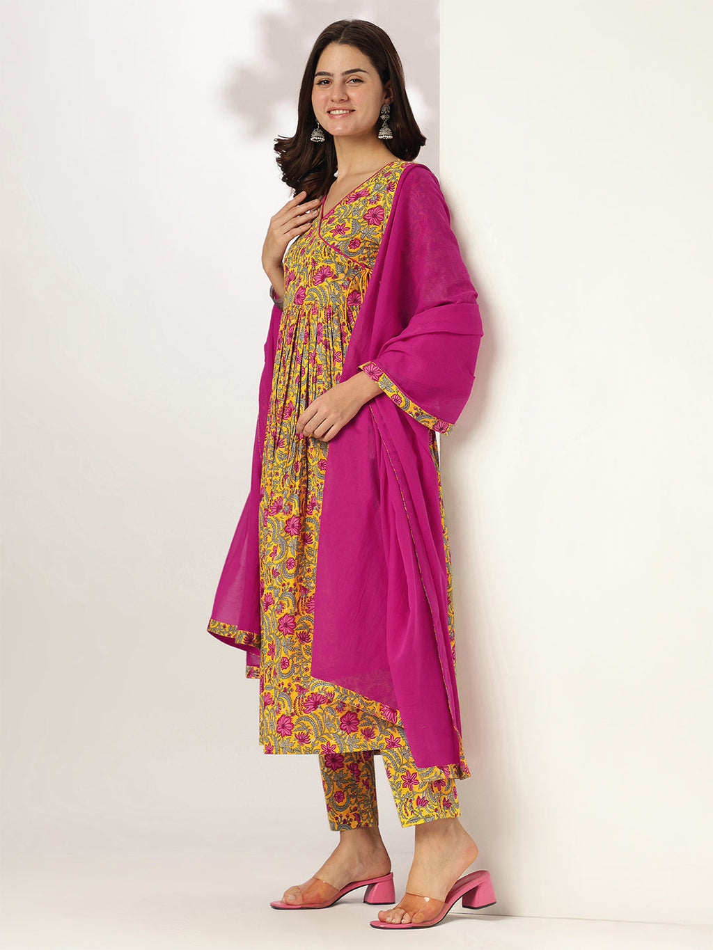 Janasya Bright Cotton Floral Angrakha Kurta Set | Grocsy