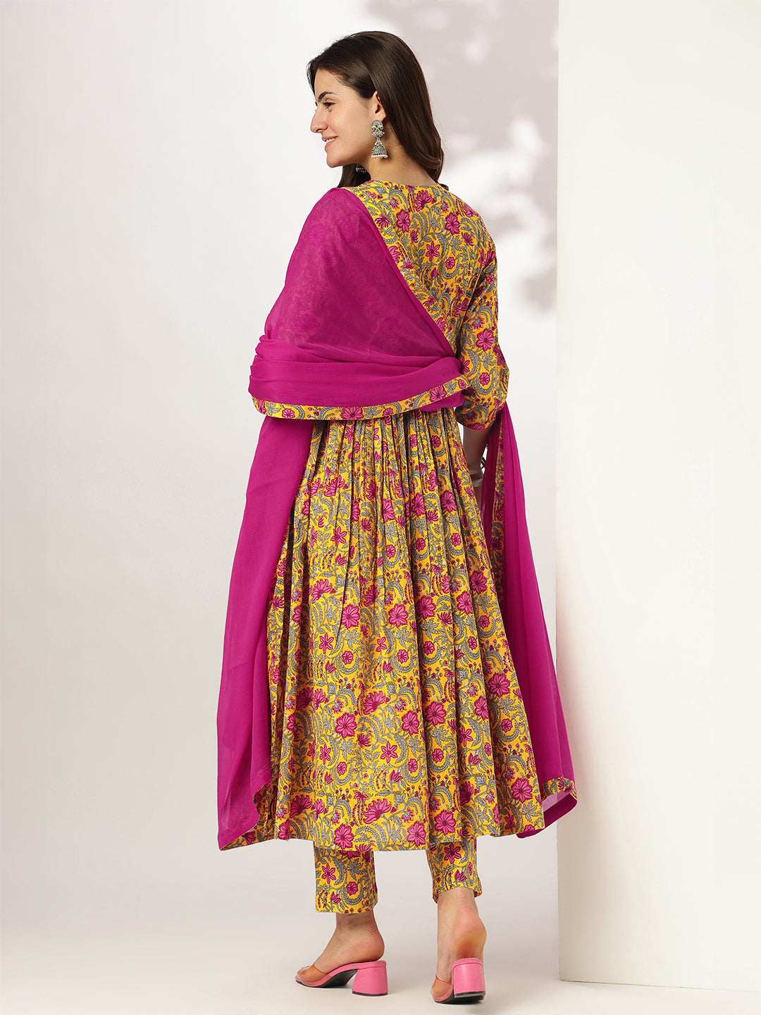 Janasya Bright Cotton Floral Angrakha Kurta Set | Grocsy