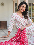 Janasya Light Cotton Floral Angrakha Kurta Set | Grocsy
